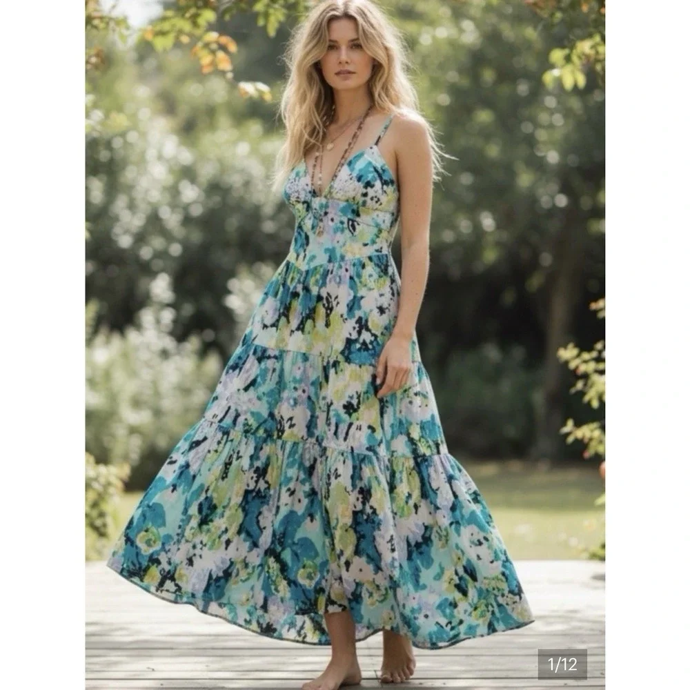 NWT Free People Long Love Triangle Printed Embroidered Midi Dress L